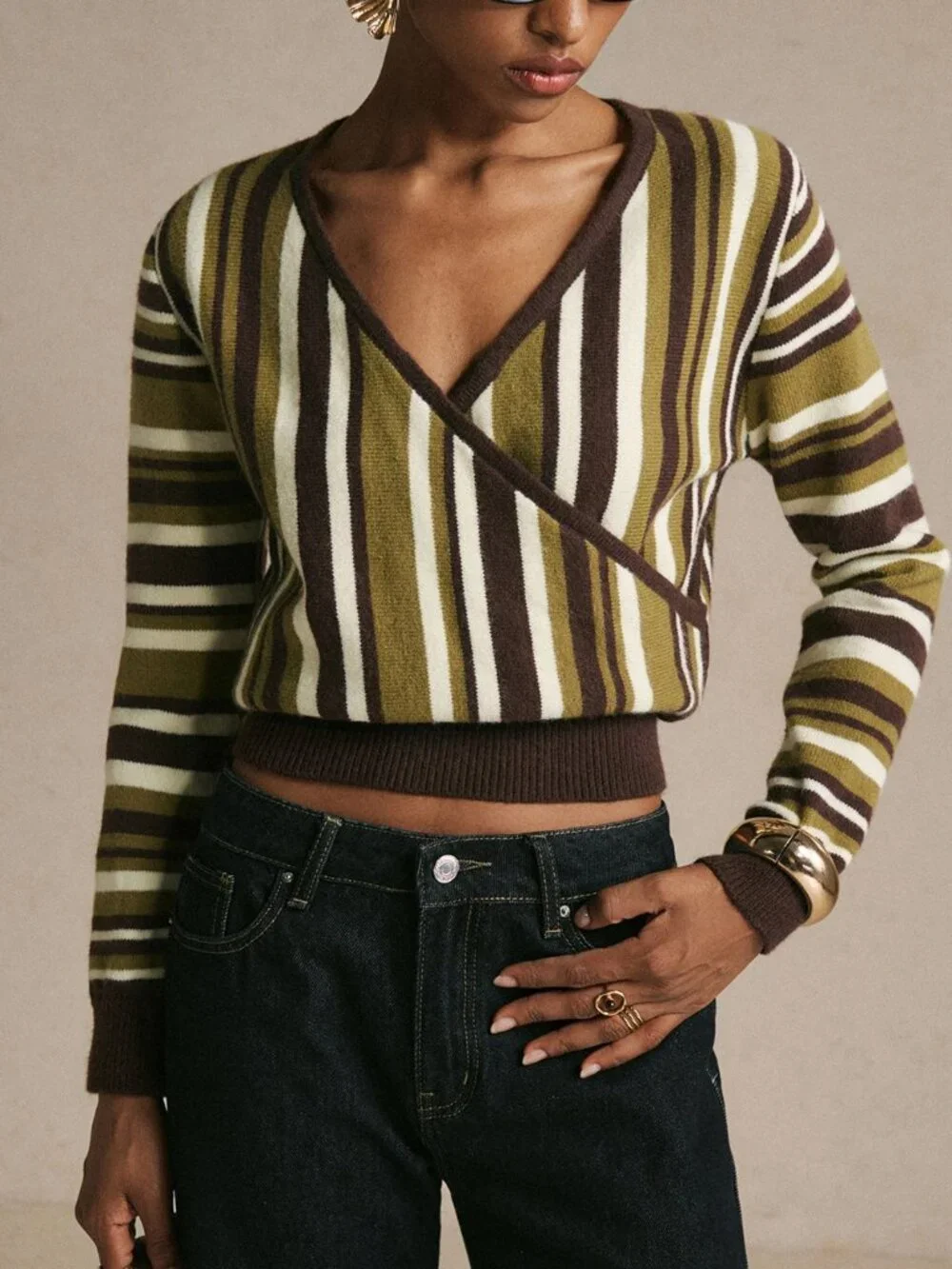 Multicolor Casual Women's Elegant Striped Color-Block Wrap Sweater